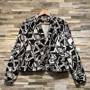 100% Silk Abstract Print Blazer Jacket M | Black White Art Statement Lined